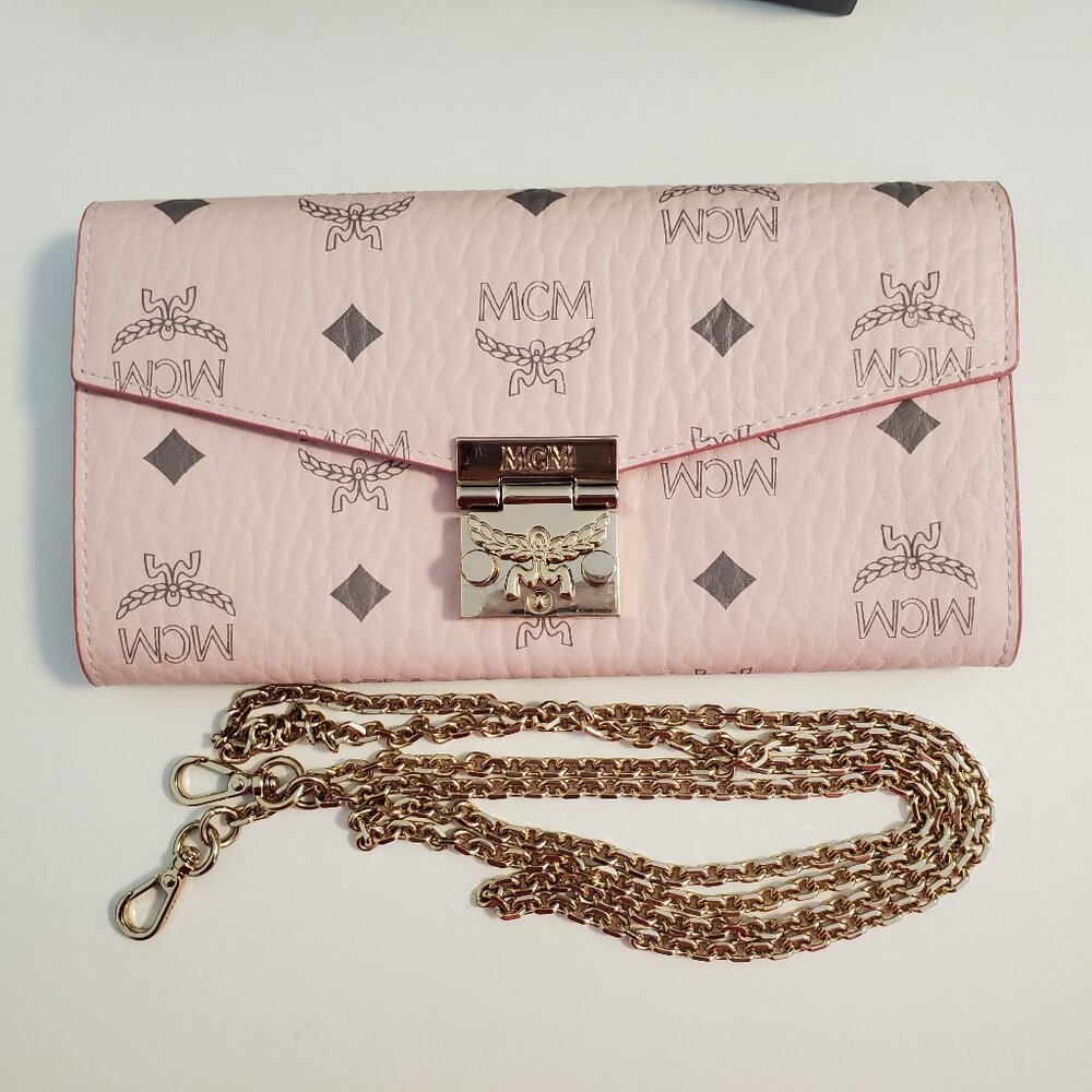 MCM Monogram Wallet on Chain, Powder Pink (Full Set)